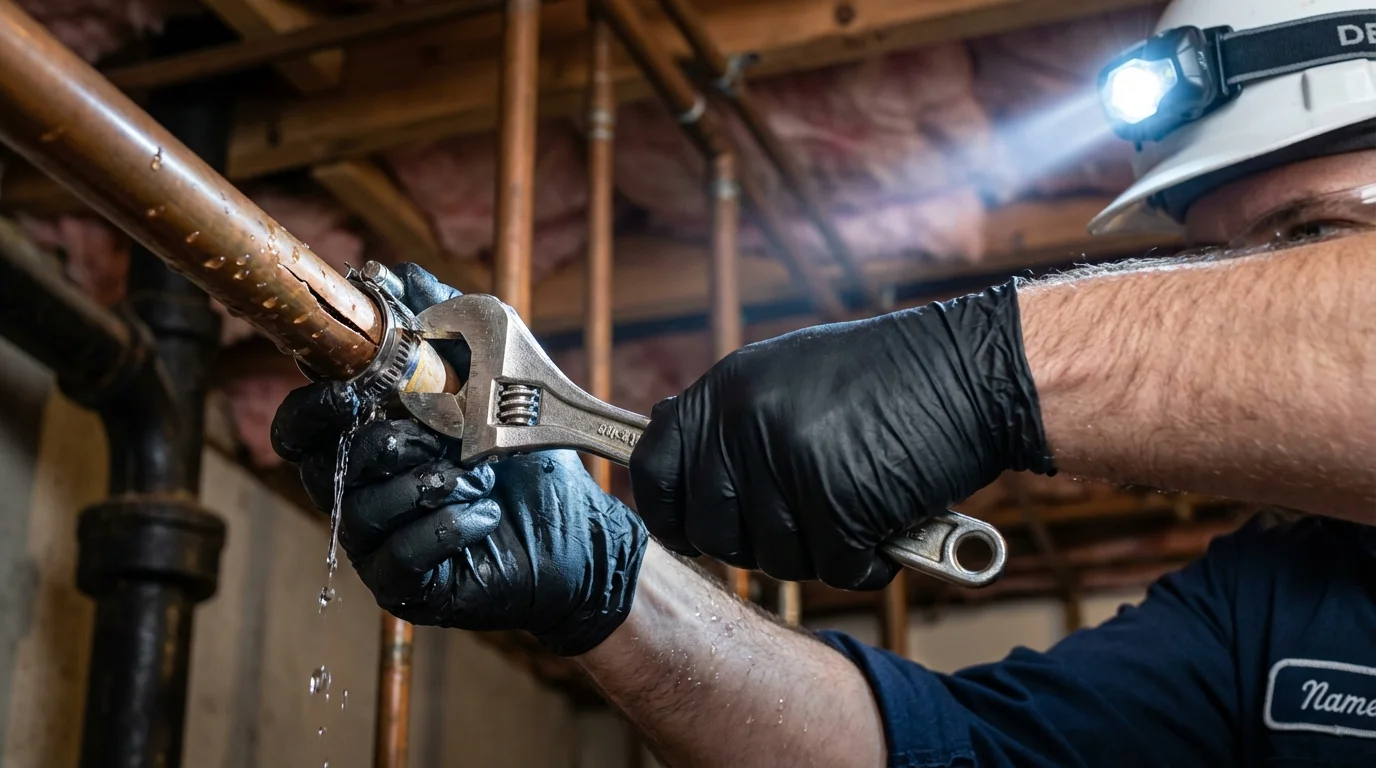 Emergency pipe clamp repair being performed by a Johns Plumbing LLC plumber in Alamo
