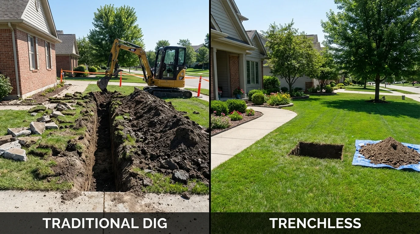 Trenchless sewer repair with minimal yard damage versus traditional excavation in Alamo, TN